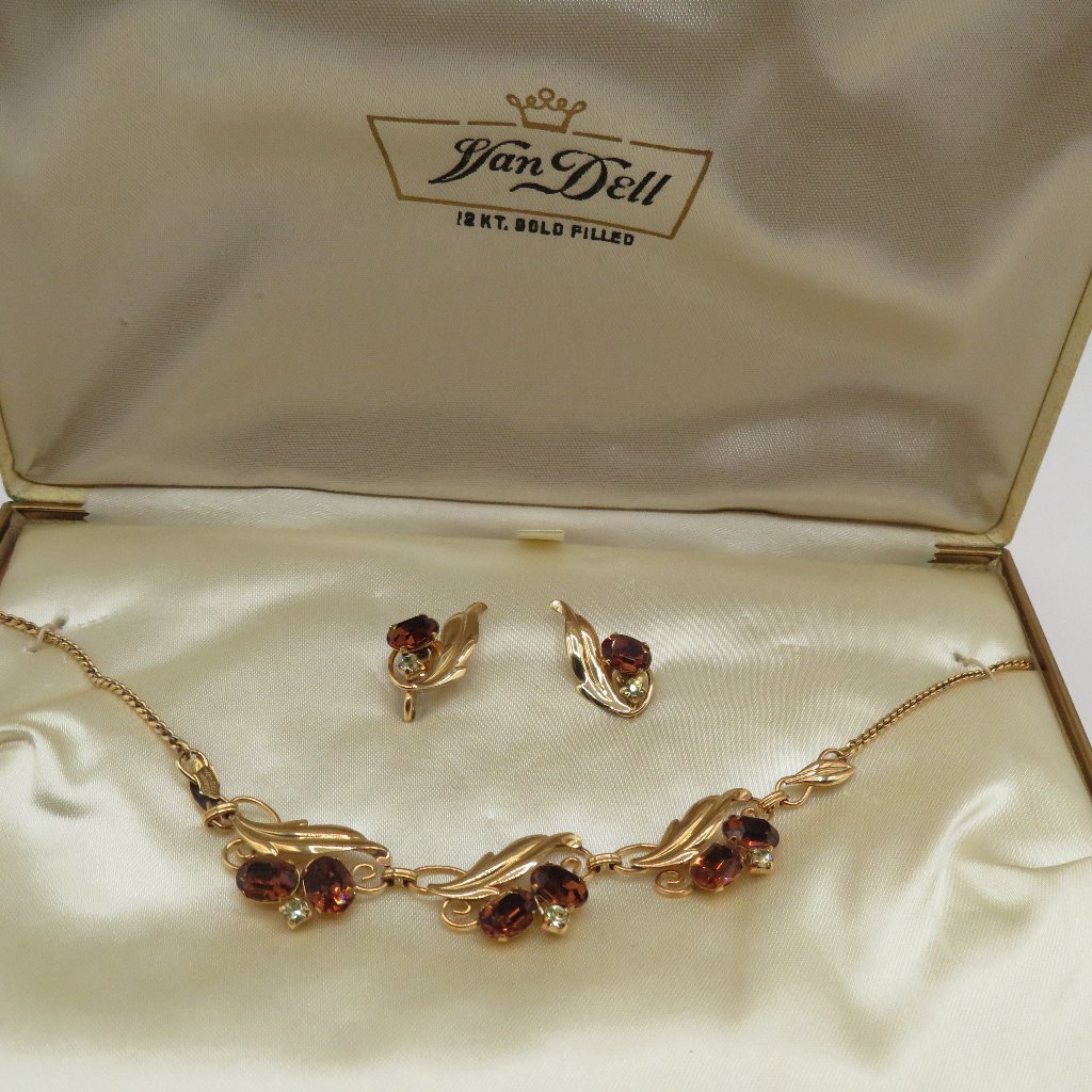 Van Dell 12k Gold Filled Rhinestone Necklace And Earrings Set